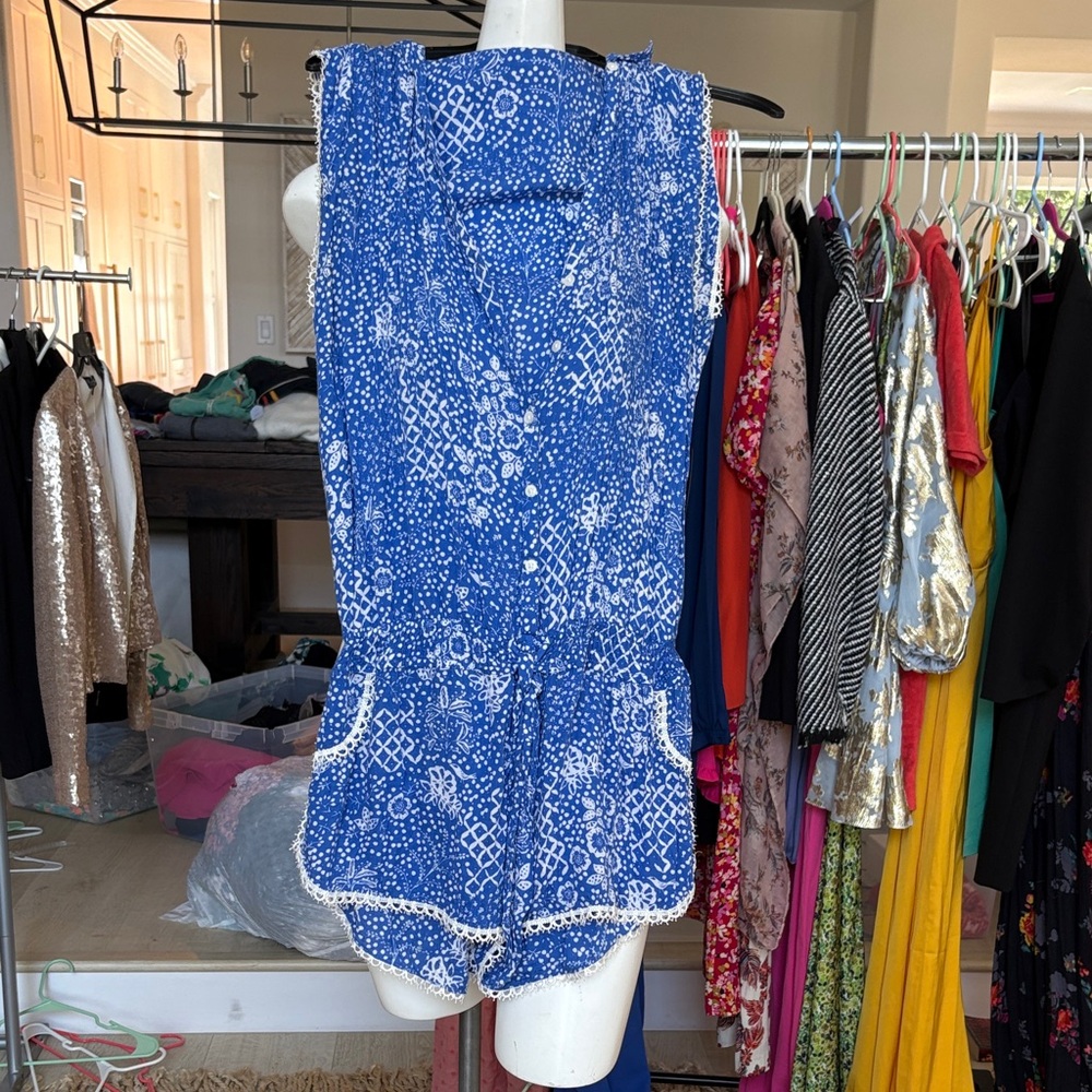 Poupette St Barth Blue and White Printed Sleeveless Romper